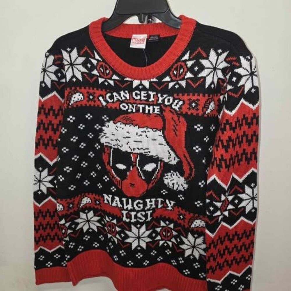 Marvel Deadpool 'Naughty List' knit Christmas Sweater. RED & BLACK, Adult Size M
